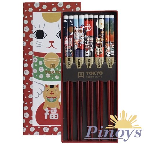 5 párů hůlek v dárkové krabičce "červená kočička Lucky Cat" - Tokyo Design
