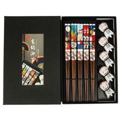 5 Pairs of Bamboo Chopsticks in a box, Lucky Cat Design - Golden Turtle