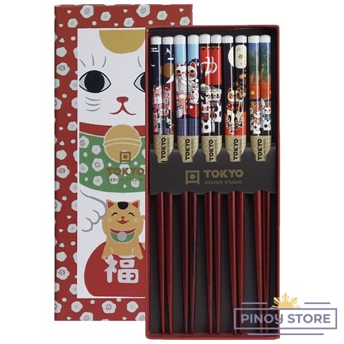 Chopstick Giftbox Lucky Cat, Red 5 pairs - Tokyo Design