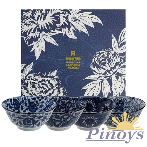 Blue Flower Bowl set in a Giftbox (4 x 550 ml/14,8x6,8cm) - Tokyo Design