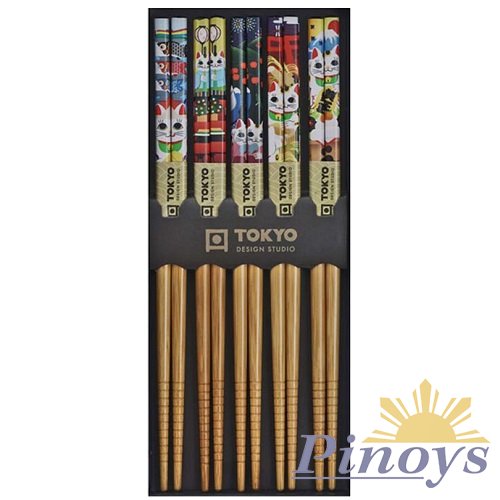5 Pairs of Bamboo Chopsticks Lucky Cat - Tokyo Design