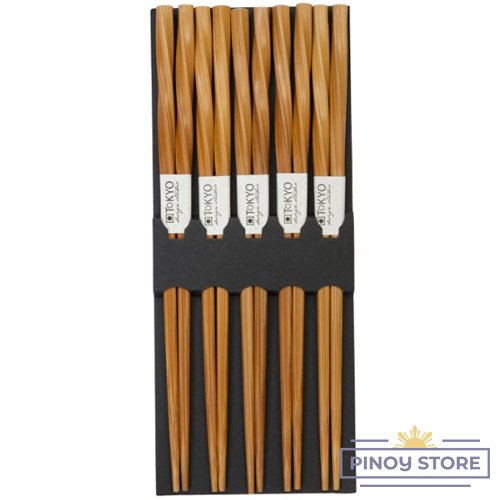 5 Pairs of Bamboo Brown Twist Chopsticks - Tokyo Design