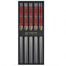 Nerezové hůlky s červeným vzorem, 5 párů Tokyo Design