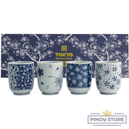 Blue/White Flower Teacup set in a Giftbox (4 x 160 ml/6,5x7,5cm) - Tokyo Design