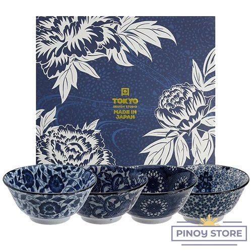Blue Flower Bowl set in a Giftbox (4 x 550 ml/14,8x6,8cm) - Tokyo Design