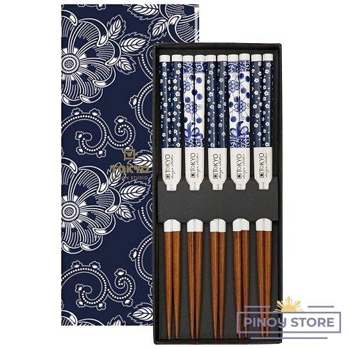 5 párů hůlek v dárkové krabičce "Modré květy" - Tokyo Design